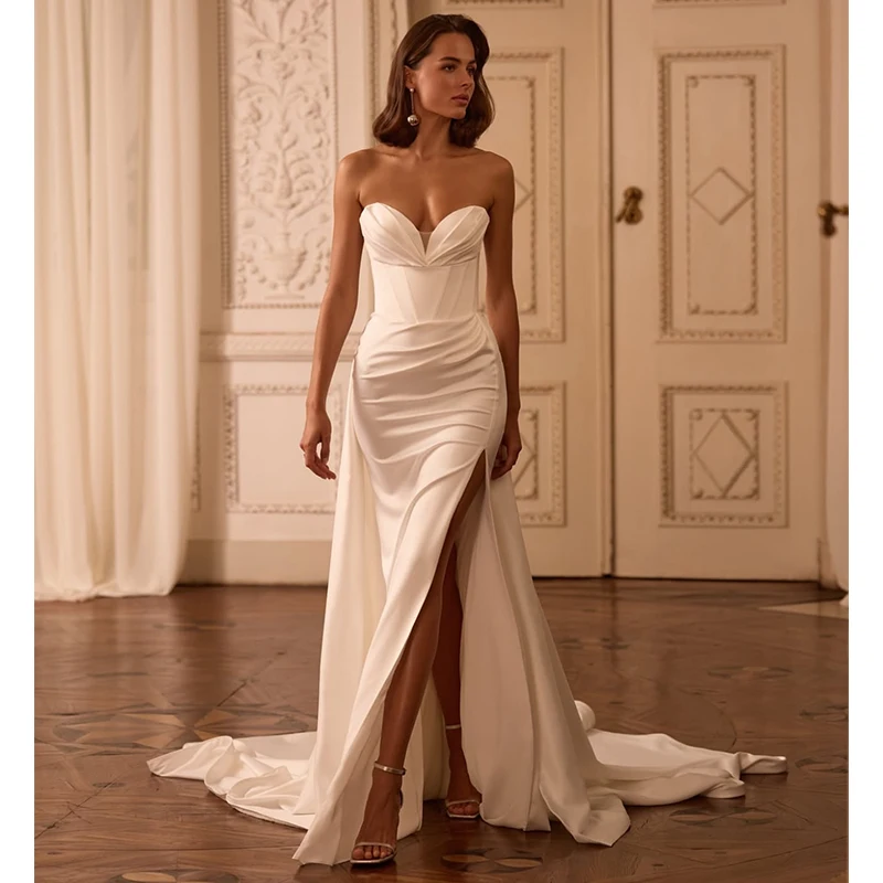 

Elegant Detachabletrain Weddingdress Elegant Pleats With Satin Mermaid Ballgown Sleeveless Strapless Customized Robe MariéE Sati