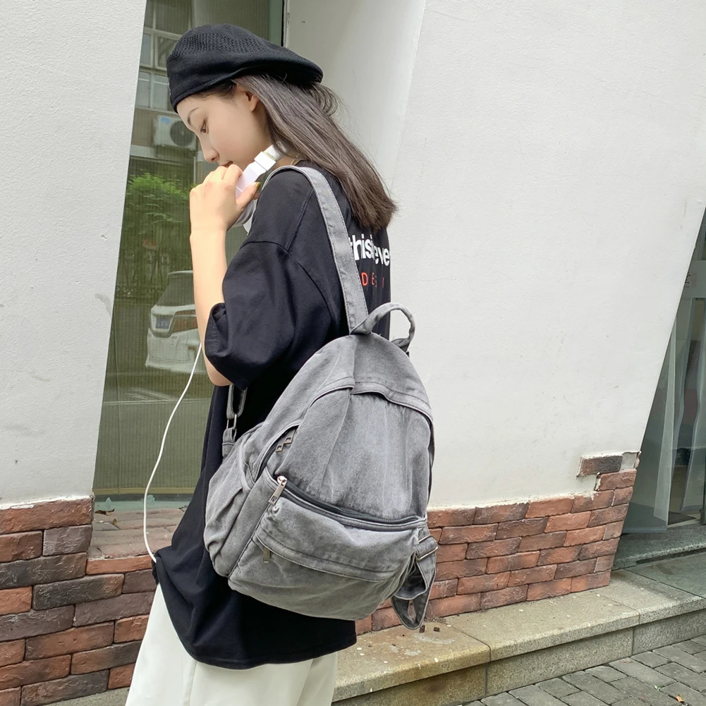 Denim Leisure Backpack Solid Students Fashion Schoolbags Large Capacity Zipper Vintage Backpack for Outing Hiking Shopping