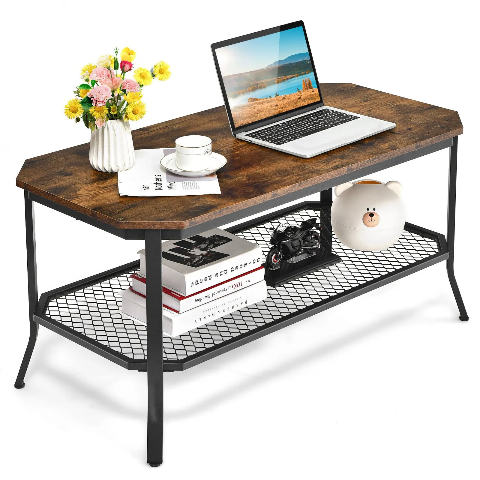 

Coffee Table Living Room Central Table 2-Tier Industrial Open Shelf Metal Frame United States