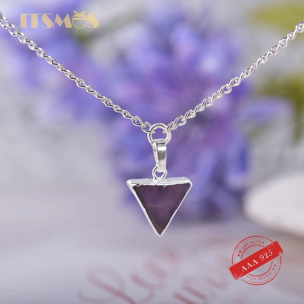 ITSMOS Natural Triangular Amethyst Pendant Necklace 925 Silver Purple Light Gemstone Necklace for Women Mystery Jewelry