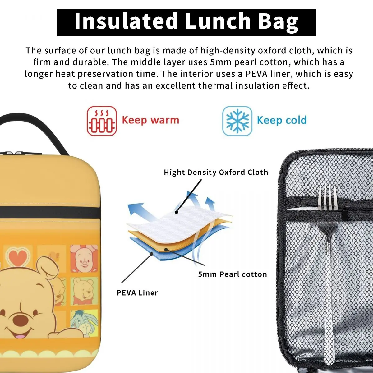 Winnie Pooh Cute Insulated Lunch Bags Cooler Lunch Container Portable Tote Lunch Box Food Handbags School Outdoor