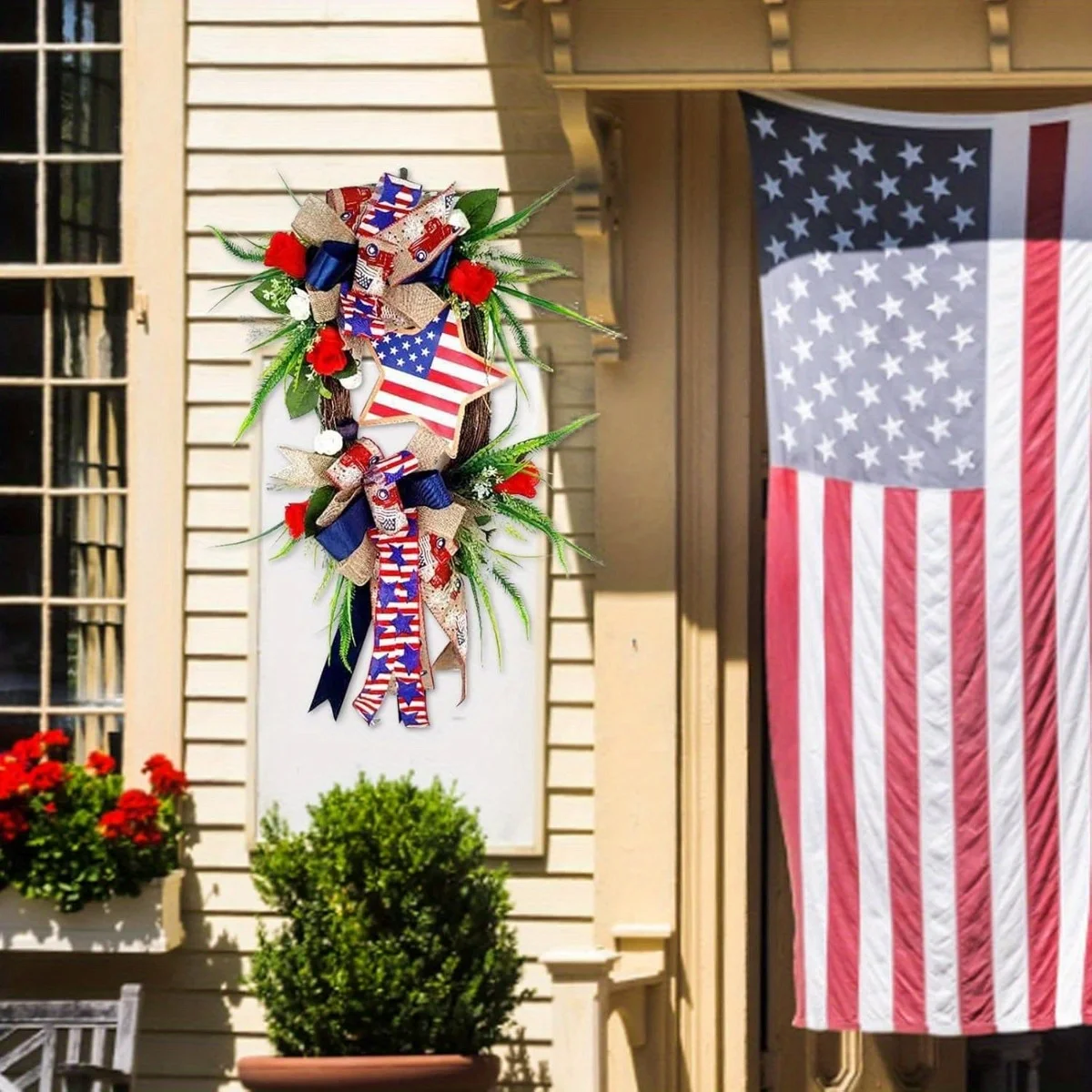 

4Th of July Wreath Patriotic Wreath with Bow, Independence Day Wreath for Front Door Decoration Summer Wreath for Door
