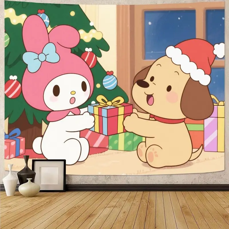 

Рождественский гобелен Sanrio My Melody и милая собака, кавайный праздничный полиэстер, настенное искусство для девочек, декор комнаты, подарок