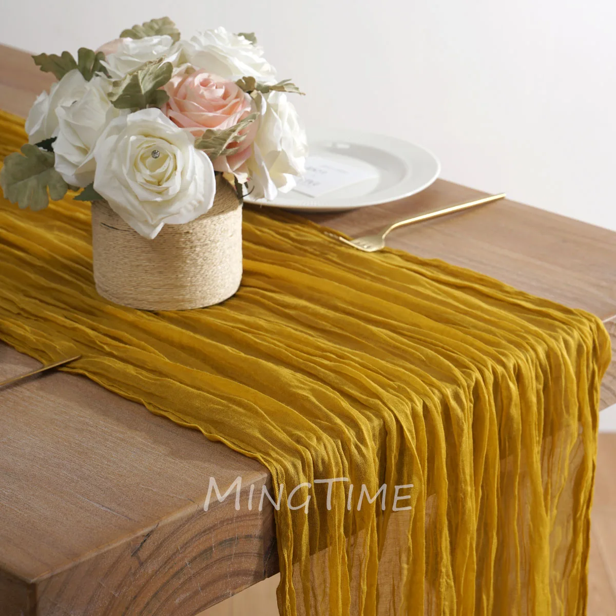 Retro Pleated Gauze Table Runner Semi-Sheer Cheesecloth Romantic Dining Decoration for Wedding Banquet Xmas Holiday Party