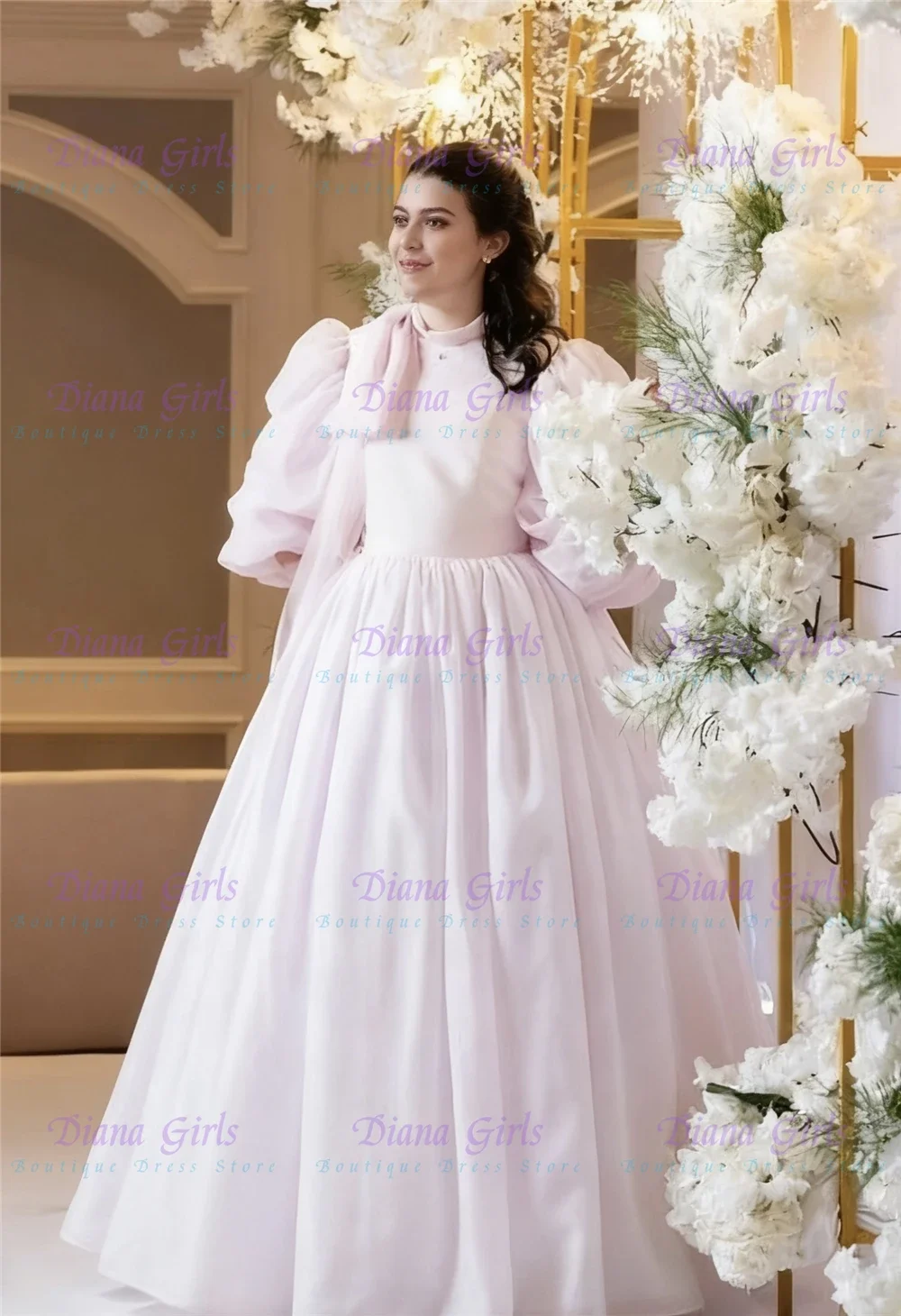 

Elegant Wedding Gown Flower Girl Dress Pink Satin Fluffy with Exquisite Flowers Applique for Kids Birthday Party Evening Gowns