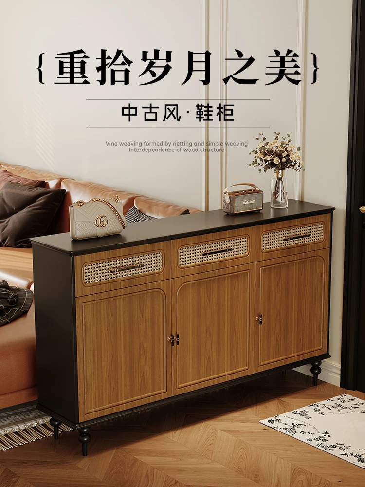 

Rattan shoe cabinet Solid wood medieval home door 2025 new large-capacity home shoe cabinet Entrance cabinet integrated