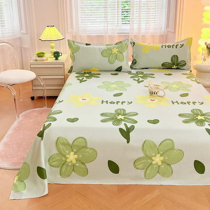 1PC Light Mint Green Floral Print Bed Sheet, Green & Yellow Flower with 