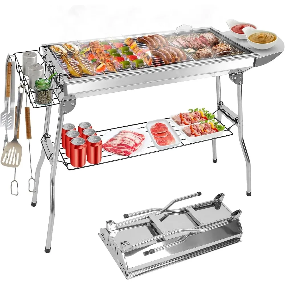 

Portable Charcoal Grill, Large Stainless Steel Folding BBQ Grill, Foldable Barbecue Grill with Storage Shelf for Camping BBQ Gar