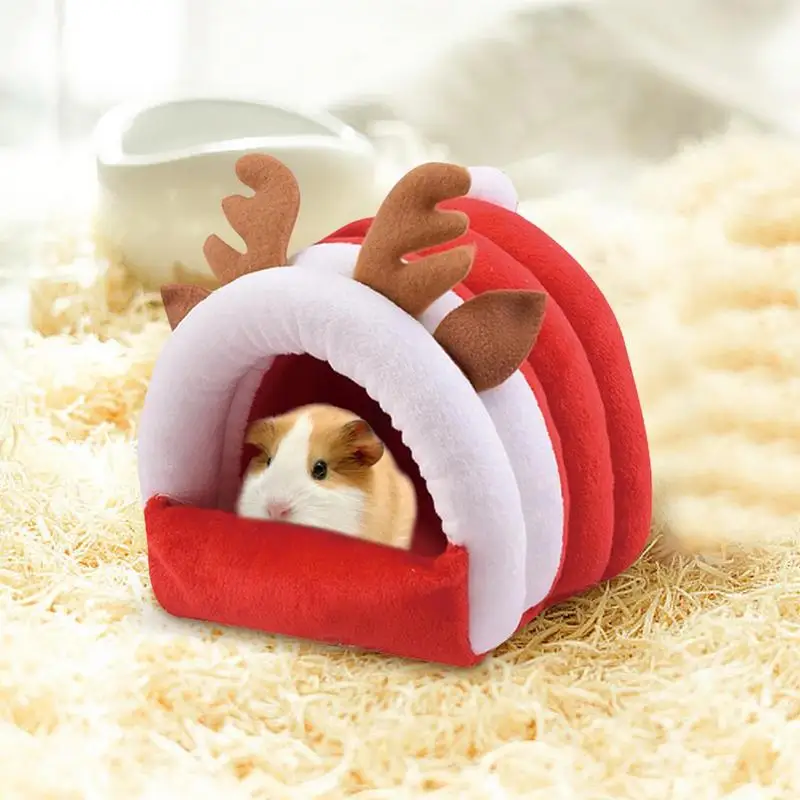 Christmas Hamster Hideout, Winter Warm Guinea Pig Bed Cave Washable Small Animal Christmas Nest House Cage Accessory