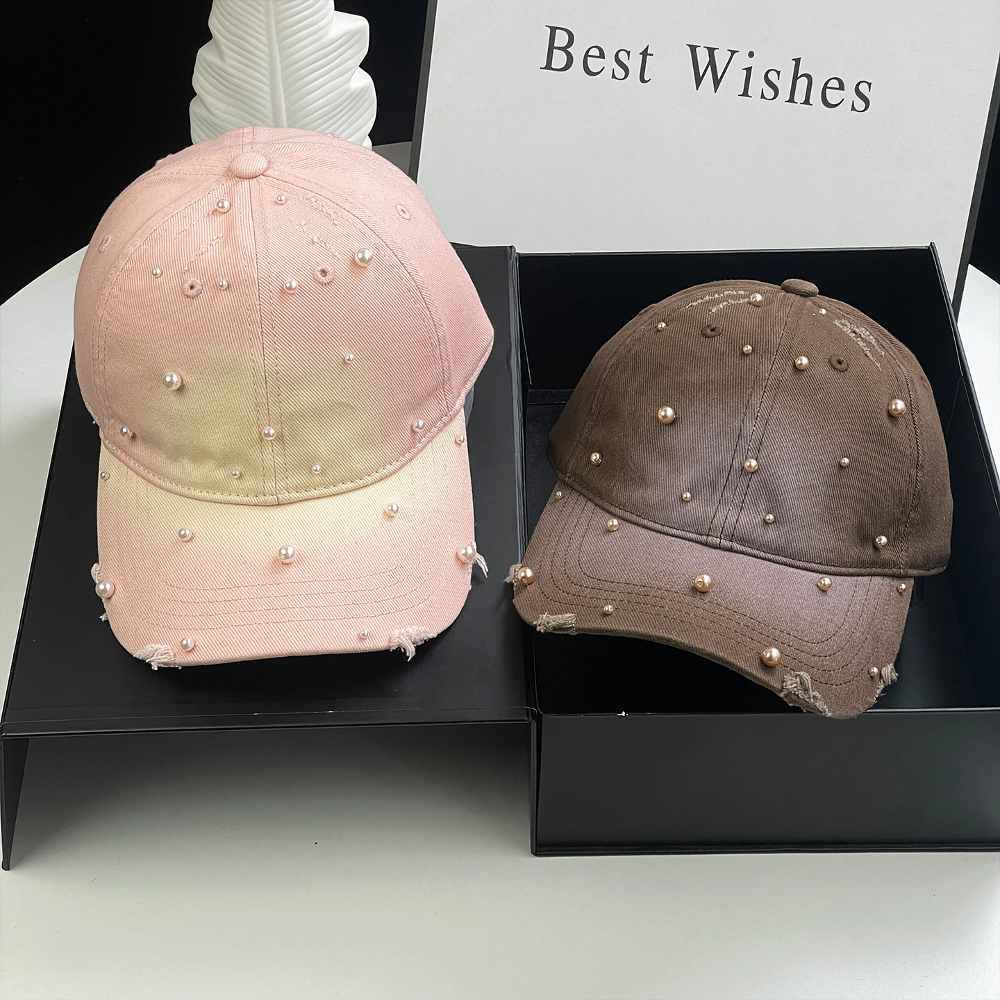 

Korean Style Pearl Embellished Soft Top Baseball Cap Women's Casual Washed Denim Hole Punching Sun Protection Face Slimming