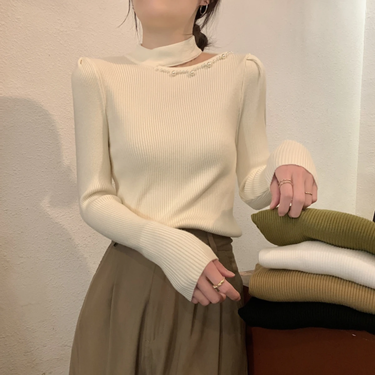 여성용 티엔드 f-하이 칼라 니트 베이스 셔츠 봄 가을 홀로우 아웃 디자인 슬림 핏 한국 스타일 출퇴근용