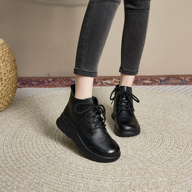 

Осенне-зимние модные женские шерстяные кожаные ботинки корейской версии на толстой подошве со шнуровкой