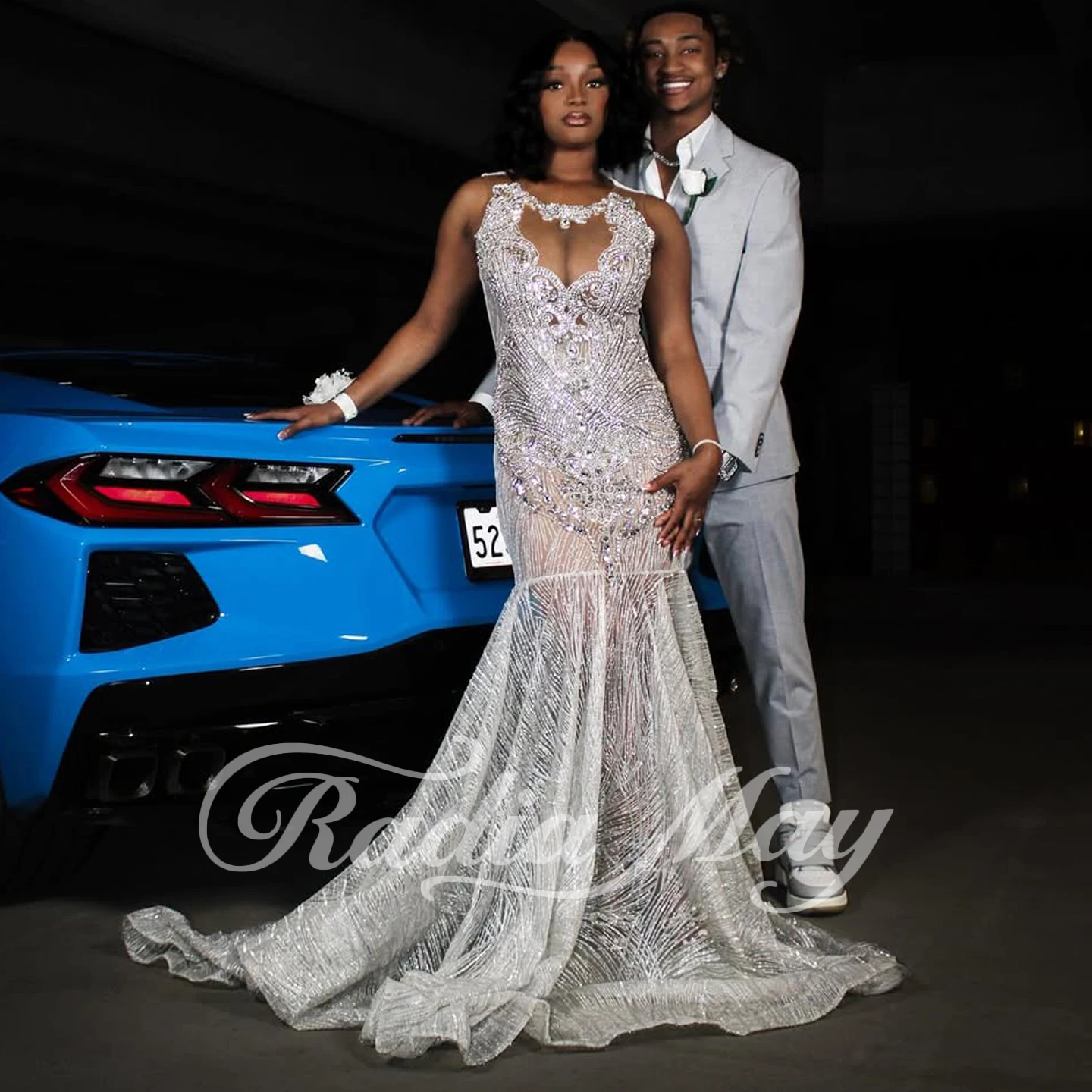 Radia May Customized Glamorous White Beaded Mermaid Gown with Keyhole Neck & Sheer Illusion Bodice  Perfect for Prom BP087