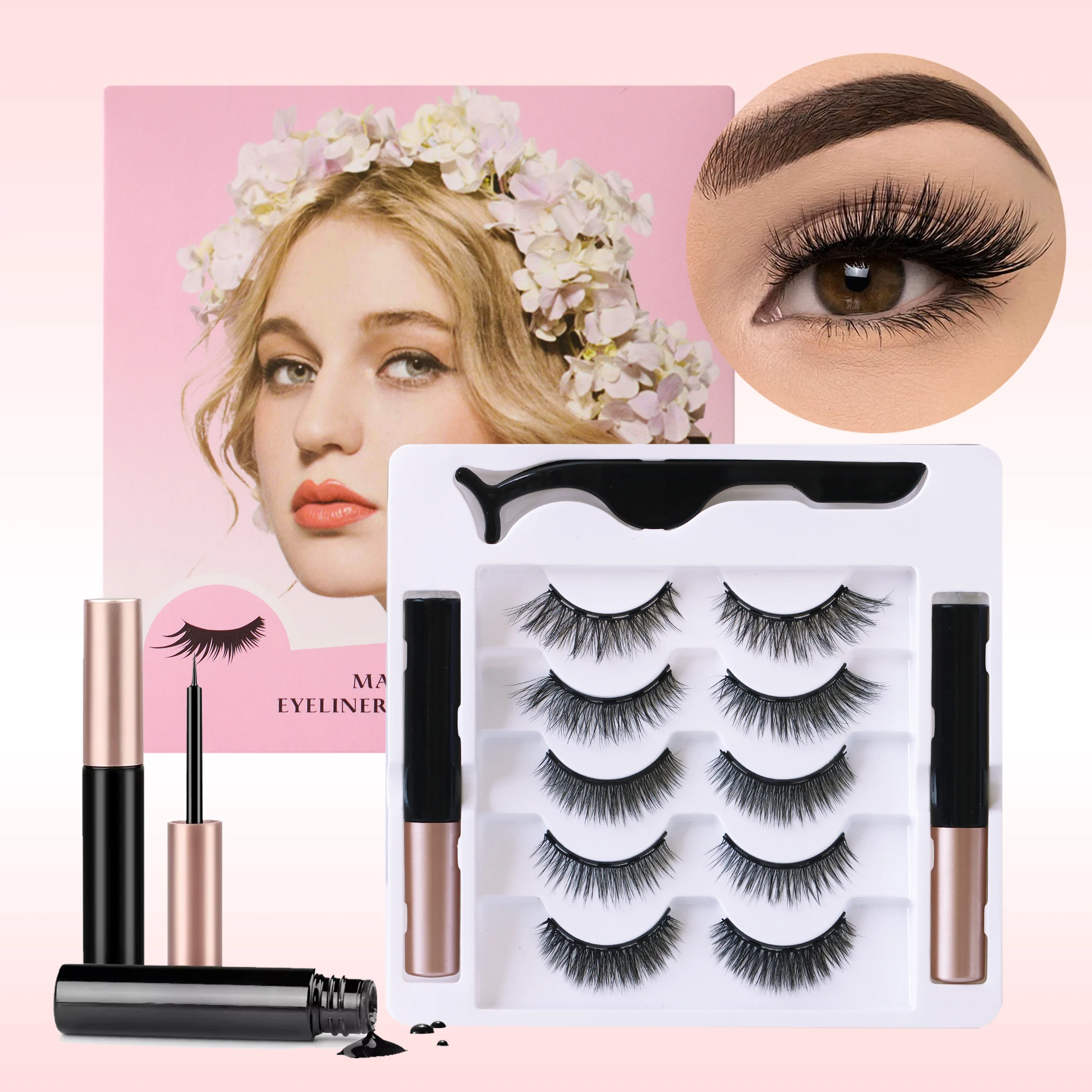 5 Reihen, 10 Paar magnetische falsche Wimpern, natürlich dick, gekräuselt, schwarz, mit magnetischem Eyeliner, 10–15 mm falsche Wimpern