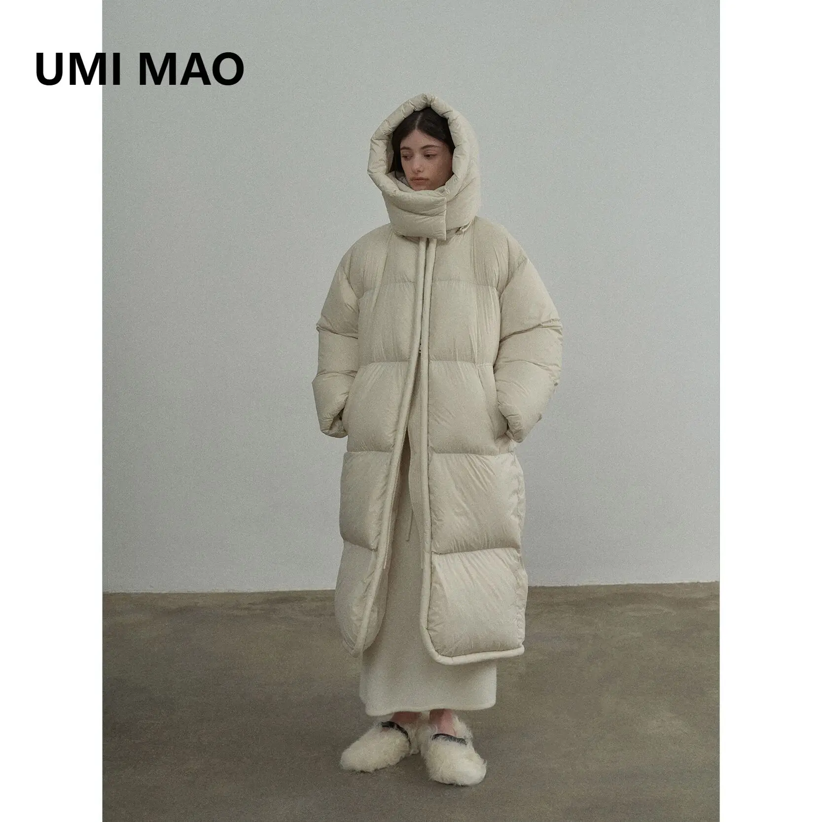 

UMI MAO зимнее длинное пальто со съемным капюшоном, теплый воротник-стойка, ветрозащитный, легкий, новый стандартный пуховик в китайском стиле