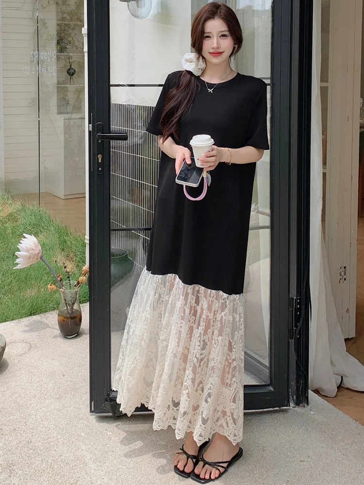 فستان نسائي مقاس كبير مرقع لصيف 2025 فساتين طويلة فضفاضة رداء Elbise بأكمام قصيرة على الطراز الكوري بحاشية منقوشة بالزهور #5