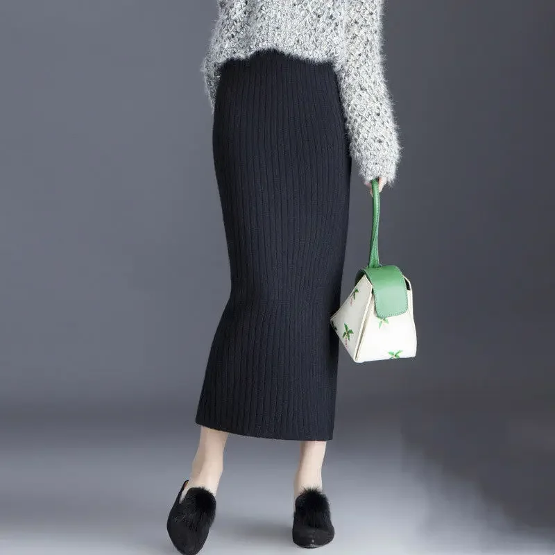 Woman Knitted Maxi Skirts Female Vintage Elegant Office Pleated Skirt Office Ladies Long Casual Warm Elastic All-match Skirt G45