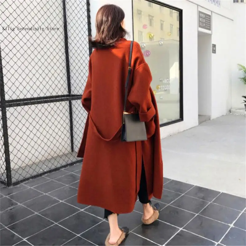 Women Minimalist Academic Forest Style Mid-Length Wool Trench Coat Loose Warm Autumn Winter Outerwear