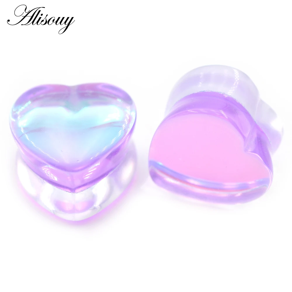 Alisouy 1PC Pink Purple Love Heart Transparent Glass Ear Tunnel Plugs Expanders Stretcher Gauges Earrings Piercing Body Jewelry