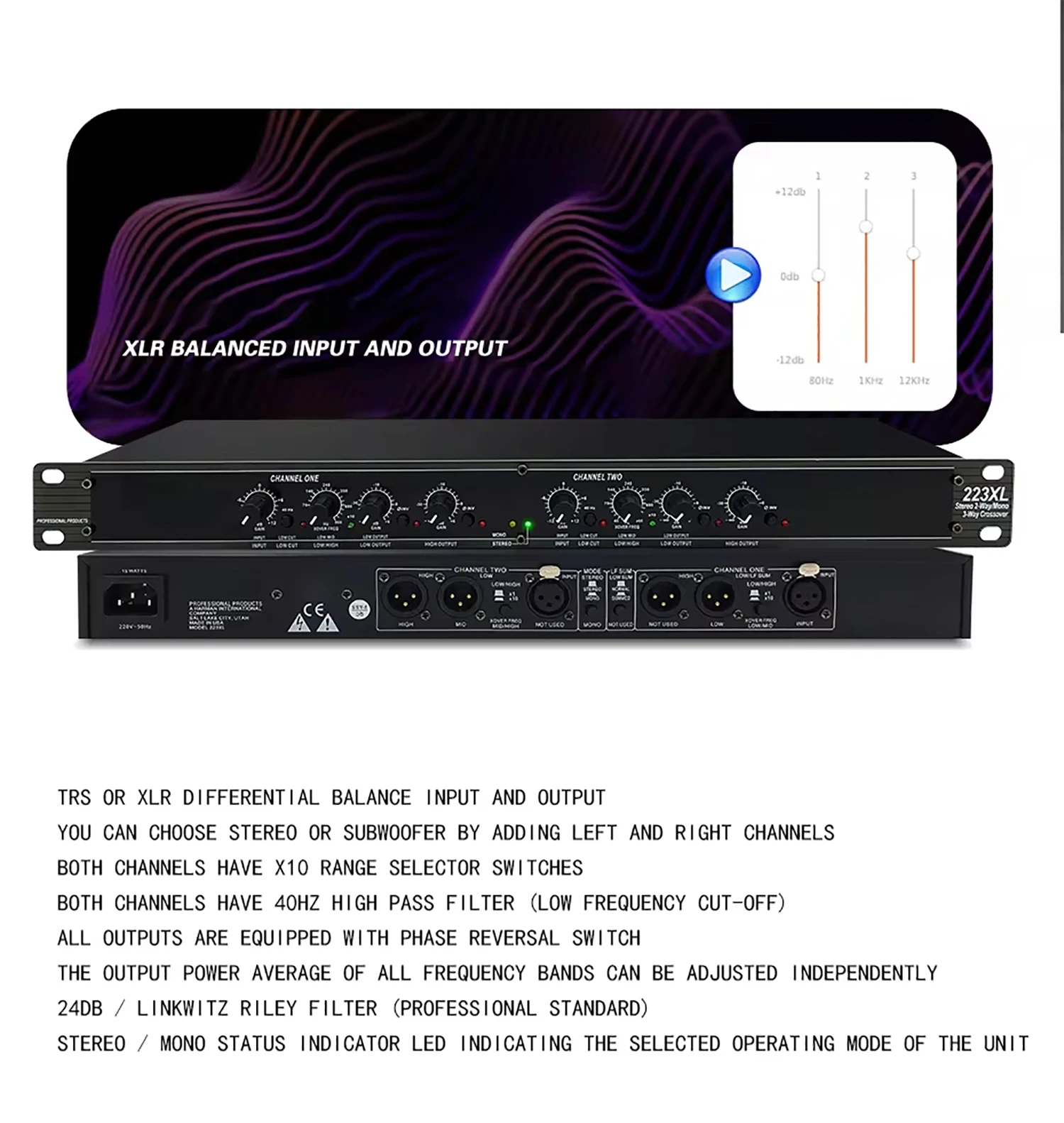 Equipamento de áudio profissional, estéreo 2-Way Mono 3-Way Crossover, adequado para Bar Stage Tuning, 223XL