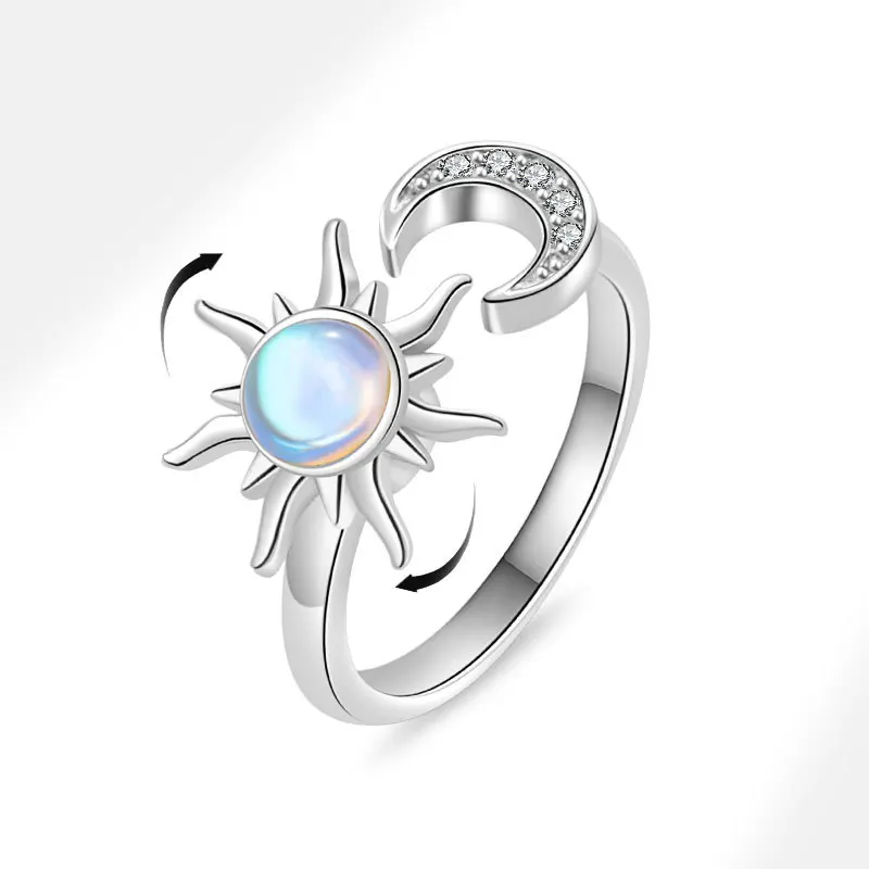 Sun And Moon Adjustable Diamond Spinning Fidget Ring Anti-Stress Anxiety Relief Open Engagement Ring for Women Accessories