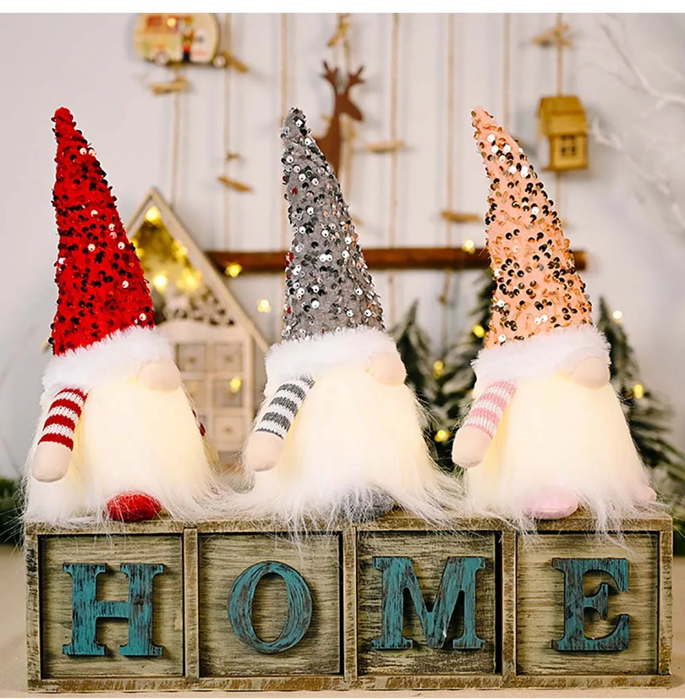 Christmas Decoration 2023 Sequins with Lights Rudolph Doll Christmas Gnome with LED Lights Handmade Sequins Sweden Tomte Santa E