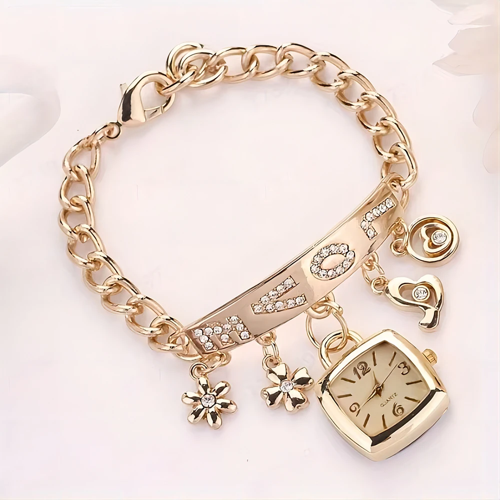 Women Watches with Letters Rhinestone Inlaid Chain Bracelet Flower Pendant Wrist Watch Ladies Dress Watches Gift Zegarek Damski