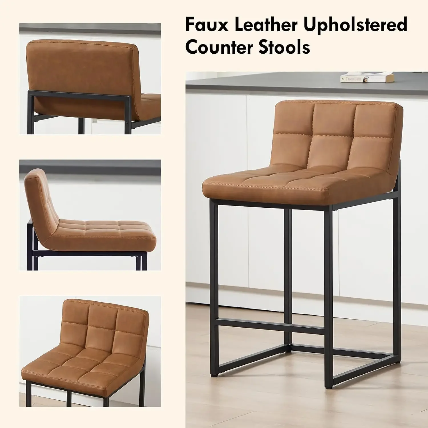 24 Inch Counter Height Bar Stools Set of 4, Modern Kitchen Barstools with Low Back and Black Sturdy Metal Legs, Faux Leather Uph - view 4