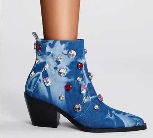 

New Blue Denim Studded Diamond Pointed Toe Ankle Boots Lady Square Heels Slip On Cowboy Colorful Crystal Rhinestone Short Boots