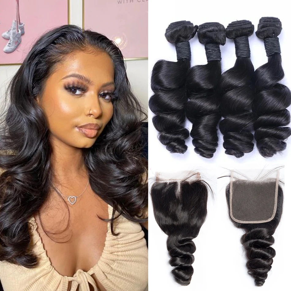 Loose Wave Raw Hair Bundle 10-30inch Human Hair Extensions Hair with Closure and Bundles Loose Deep Wave Bundles with Closure