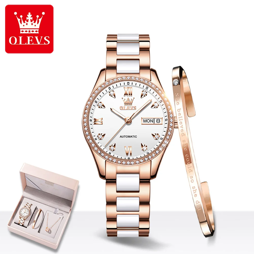 OELVS Women\'s Watch Brand Luxury Rose Gold Diamond Automatic Mechanical Watch Elegant Waterproof Ceramic Strap Women\'s Watch