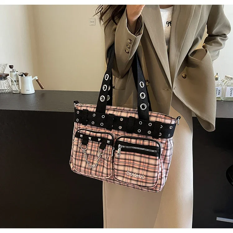 PU CHAINS Zipper Shoulder Bag Buckle Decorative Casual Women's Bags on Sale 2026 New Plaid Locomotive Style Women's Handbags