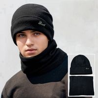 2pcs/set New Autumn Winter Men Hat Scarf Set Warm Fashion Thick Knitted Cap Neck Protective Plain Color Soft Add Fur Lined Cap