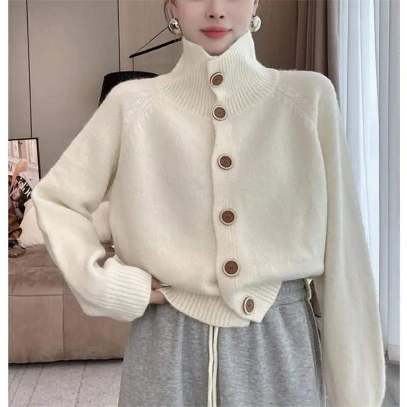 

Kawaii модный повседневный вязаный кардиган с высоким воротом, женский осенне-зимний новый свитер большого размера, ретро корейский свободный женский свитер