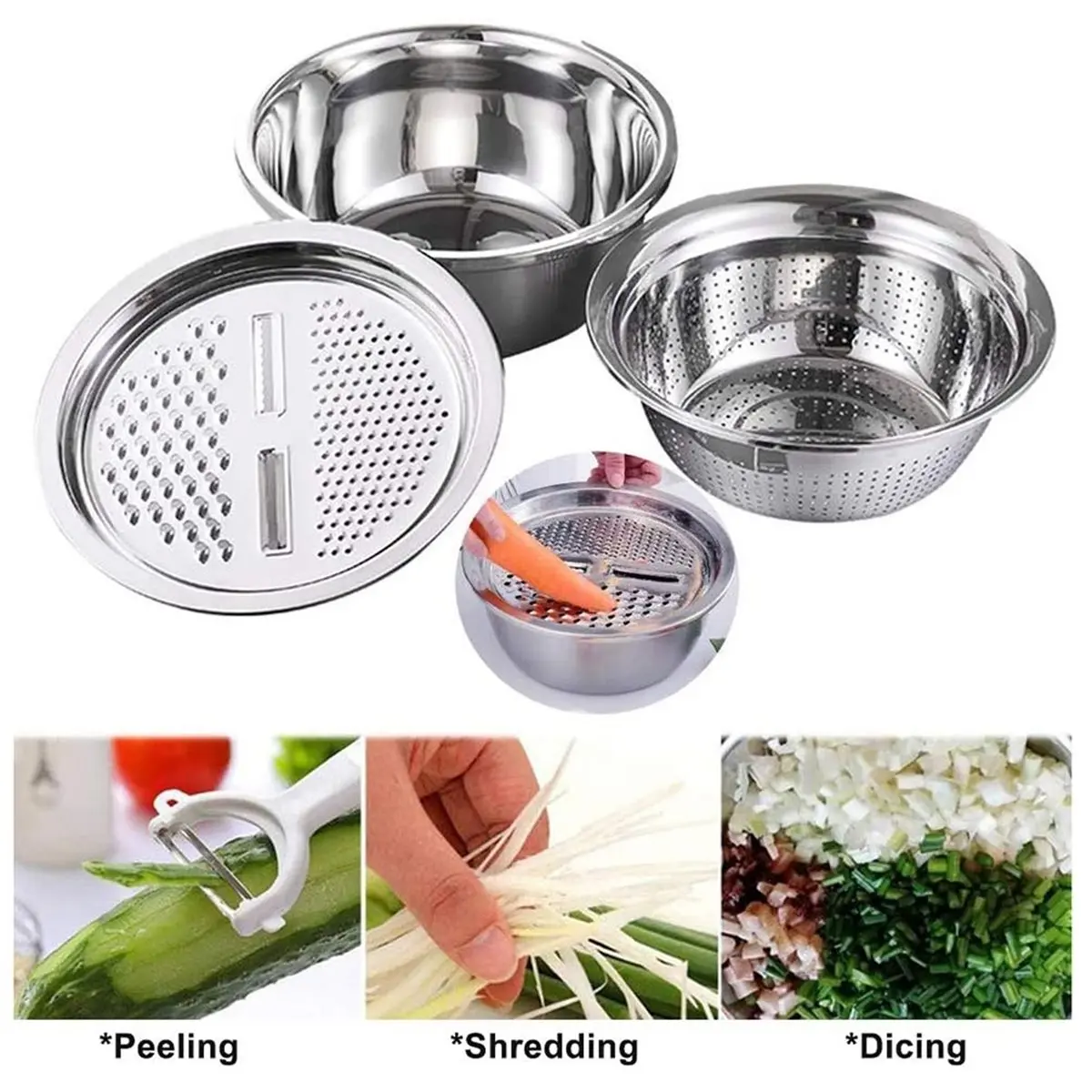 

Многофункциональный набор из трех предметов из нержавеющей стали: овощерезка с теркой, ситом и дренажной корзиной, 26 см