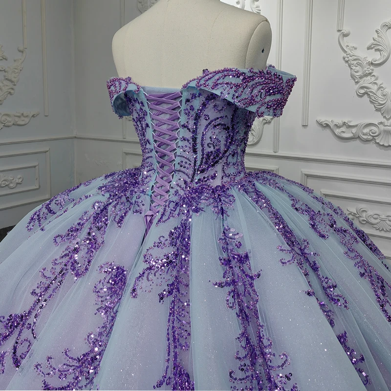 Jancember Principessa Elegante Blu Abito Quinceanera Organza Perline Paillettes Lace Up Eveninh Abito da ballo Abito Quinceañera DY9951