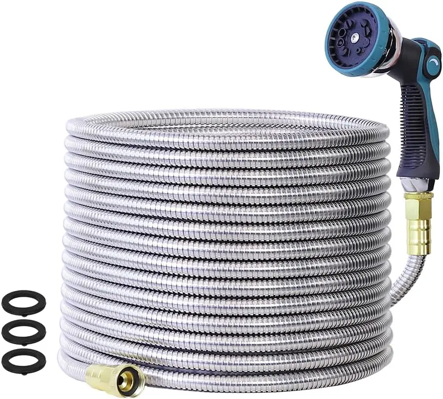 

75FT Stainless Steel Garden Hose, Flexible No Kink, Lightweight Puncture Proof with 10-Mode Nozzle, 5/8" OD