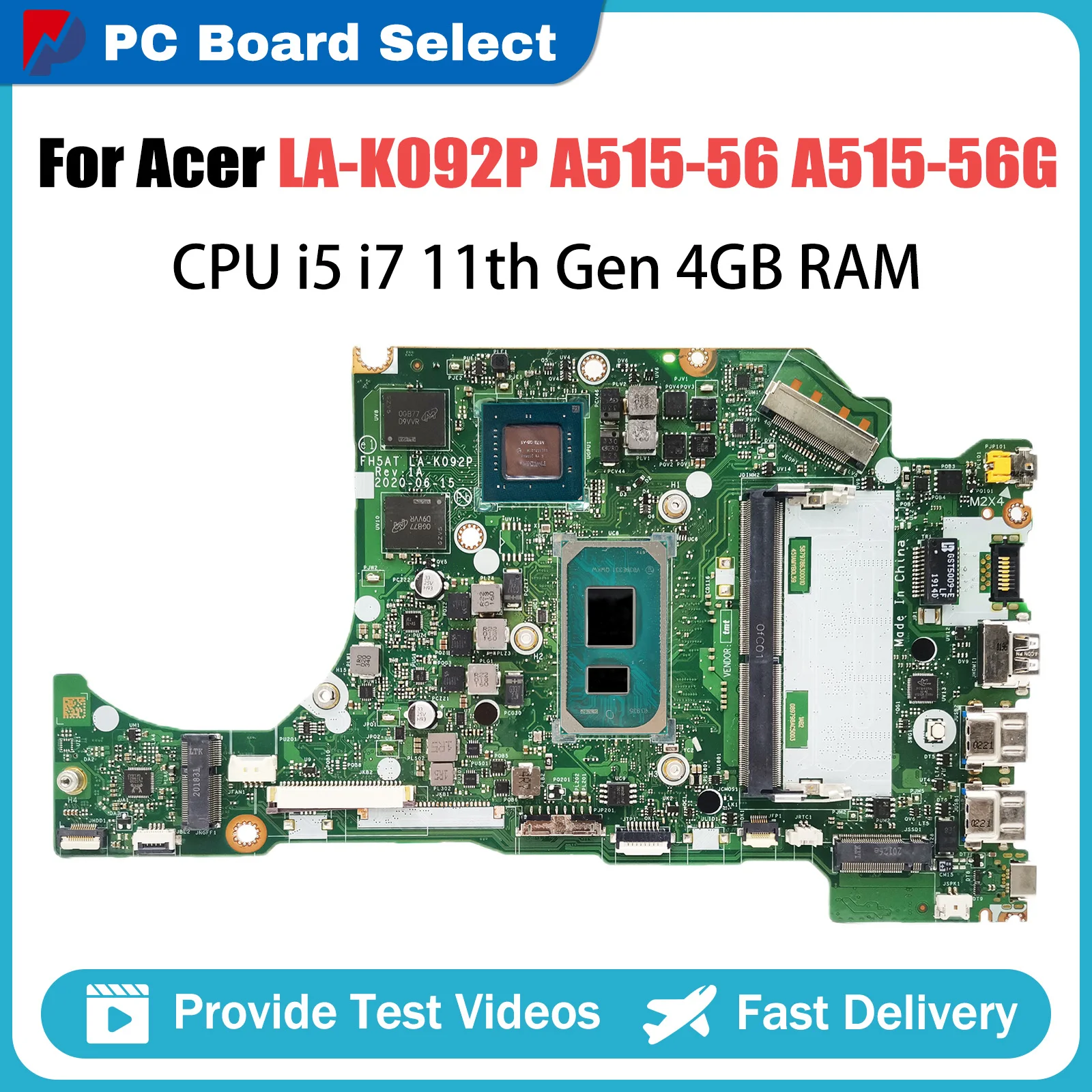 Computer Mainboard For Acer Aspire A515-56 A515-56G LA-K092P Laptop Motherboard NBAAP11004 i7-1165G7 CPU MX350-2G GPU 4GB RAM