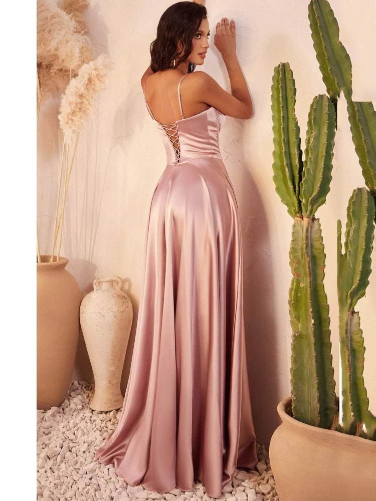 Dark Green Women Ceremonial Dress Satin Solid Slim Sleeveless For Wedding Evening Banquet Party Birthday Bridesmaid Gowns