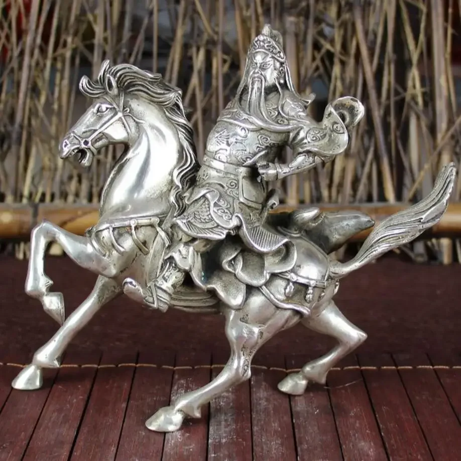 Copper Statue  Copper gilded silver study home furnishings exquisite craft supplies Guan Gong riding