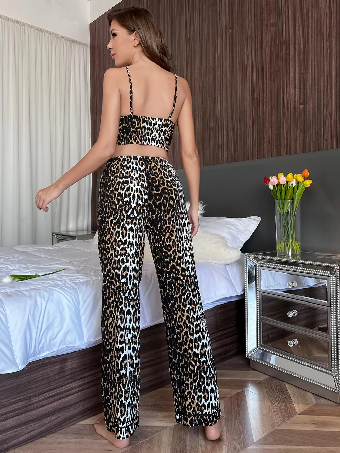 Leopard Print Summer Women's Pajamas Set 2 Pieces Sling Crop Tops&Long Trousers Sleepwear Elastic Waist Lounger Home Suit Cloth