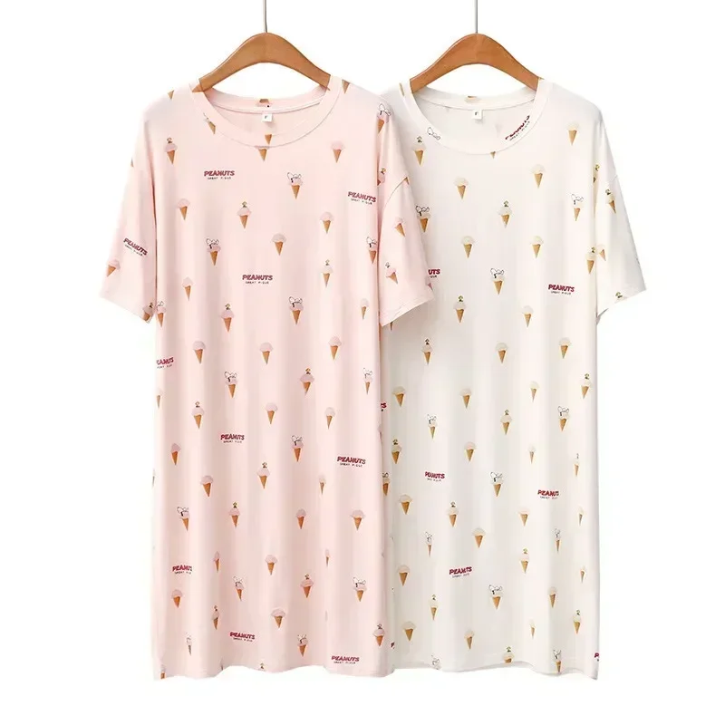 Ladies' Summer New Thin Modal Nightgown Fashionable Cartoon Ice Cream Home Wear Casual Round Neck Medium Long Loose Dress