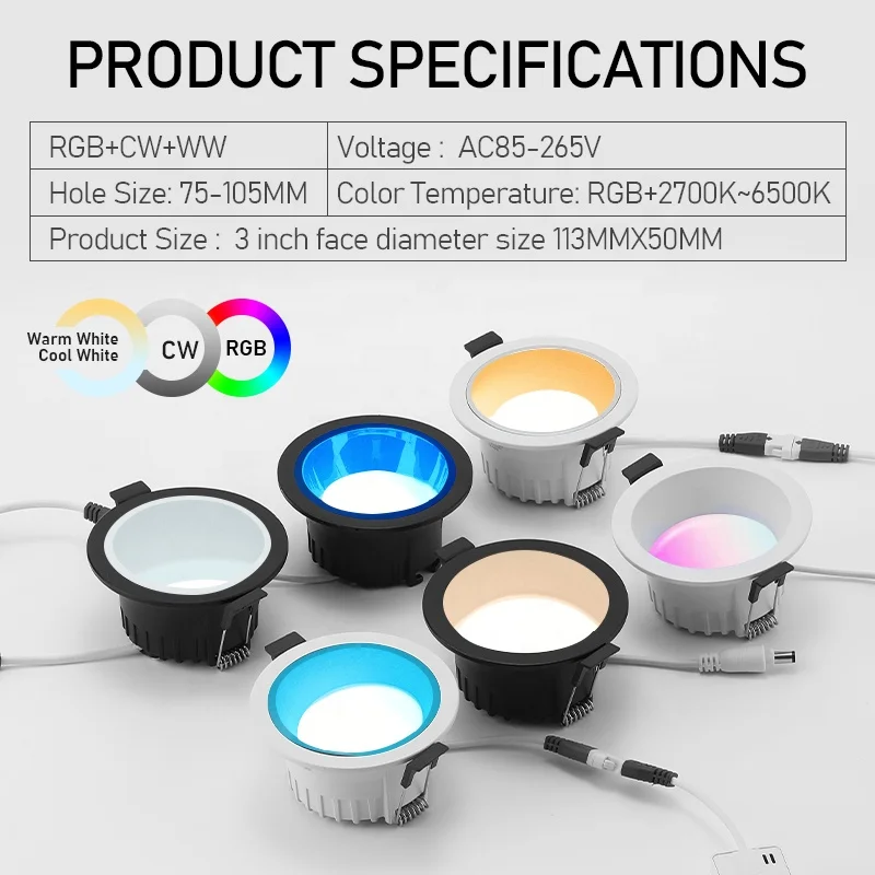 15W LED Recessed Round Ceiling Light APP Control 85-265v  Wifi Blue Tooth Smart Downlight RGBCCT Timing Dimmable Down Lamp