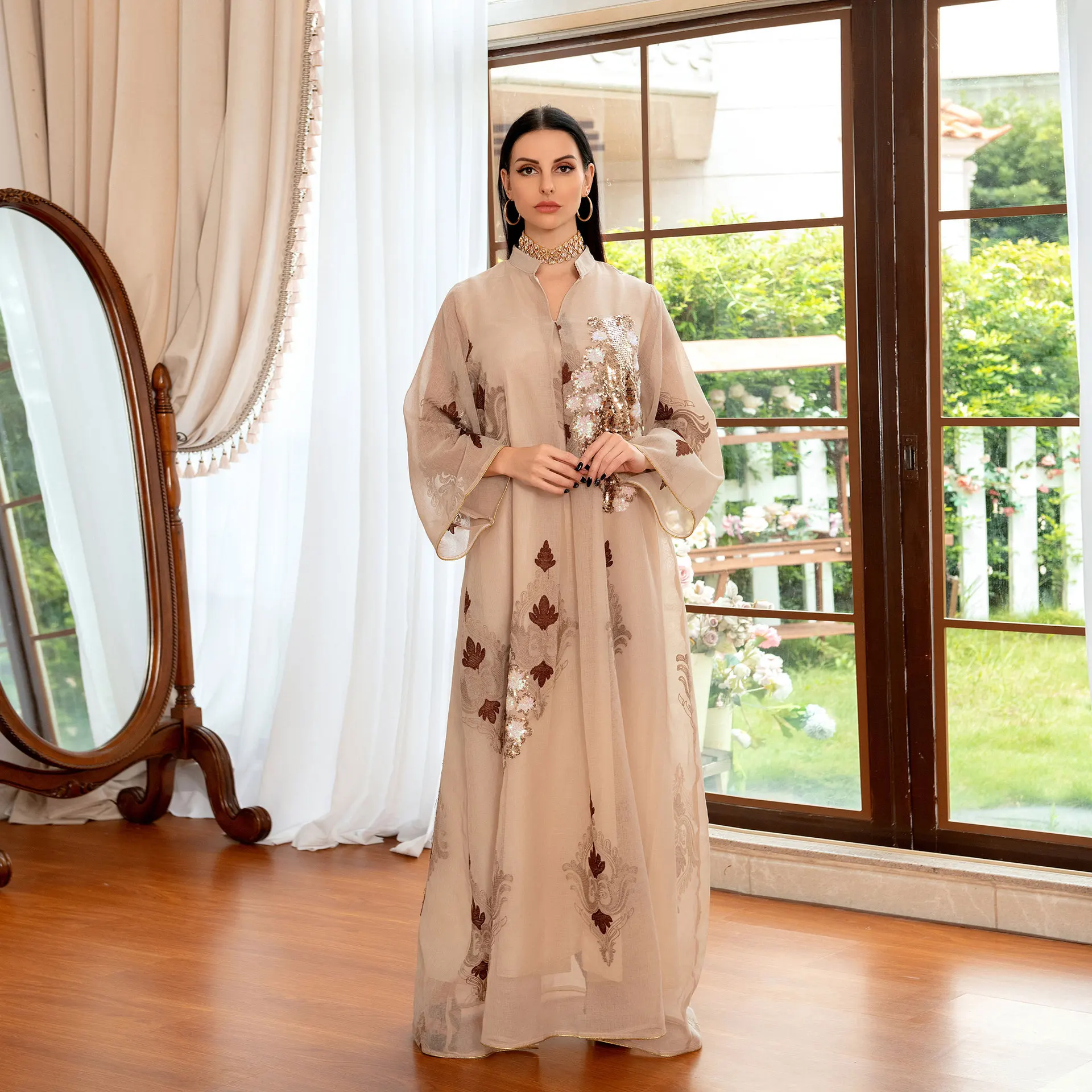 Imagem -04 - Vestido de Noite Muçulmano Lantejoulas Bordado Mangas Compridas Abaya para Mulher Ramadan Malha Elegante Vestidos de Festa Fotos Reais