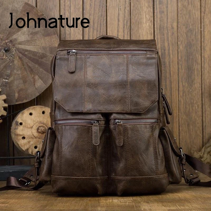 

Johnature Handmade Cowhide Man Bag Backpack 2024 New Leisure Genuine Leather Laptop Backpack Fashion Large Capacity Travel Bag