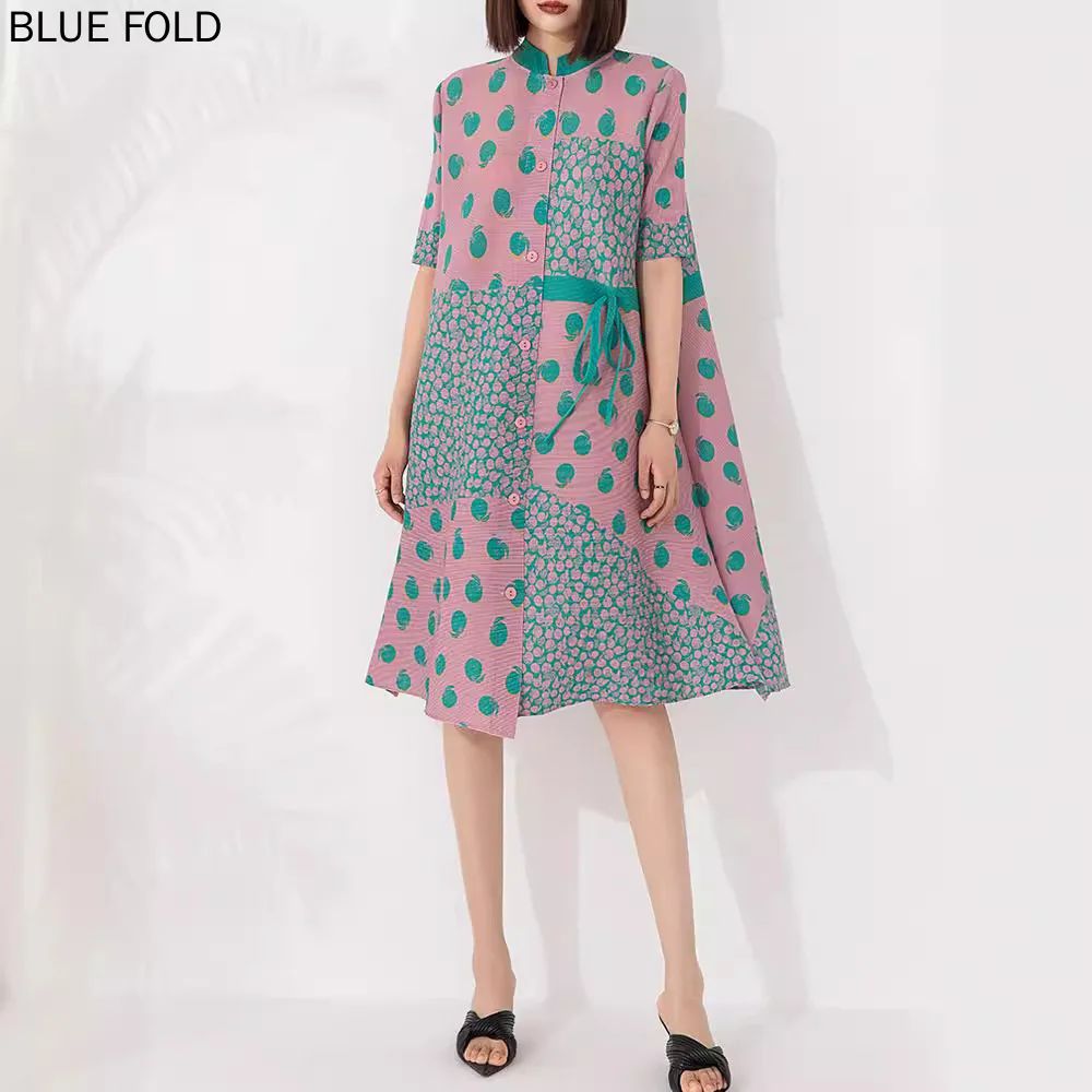 

MIYAKE Pleated Print New Summer Dress Loose and Slim Stand-up Collar Single-breasted Mid-sleeve Mid-length Dress PLEATS Vestido