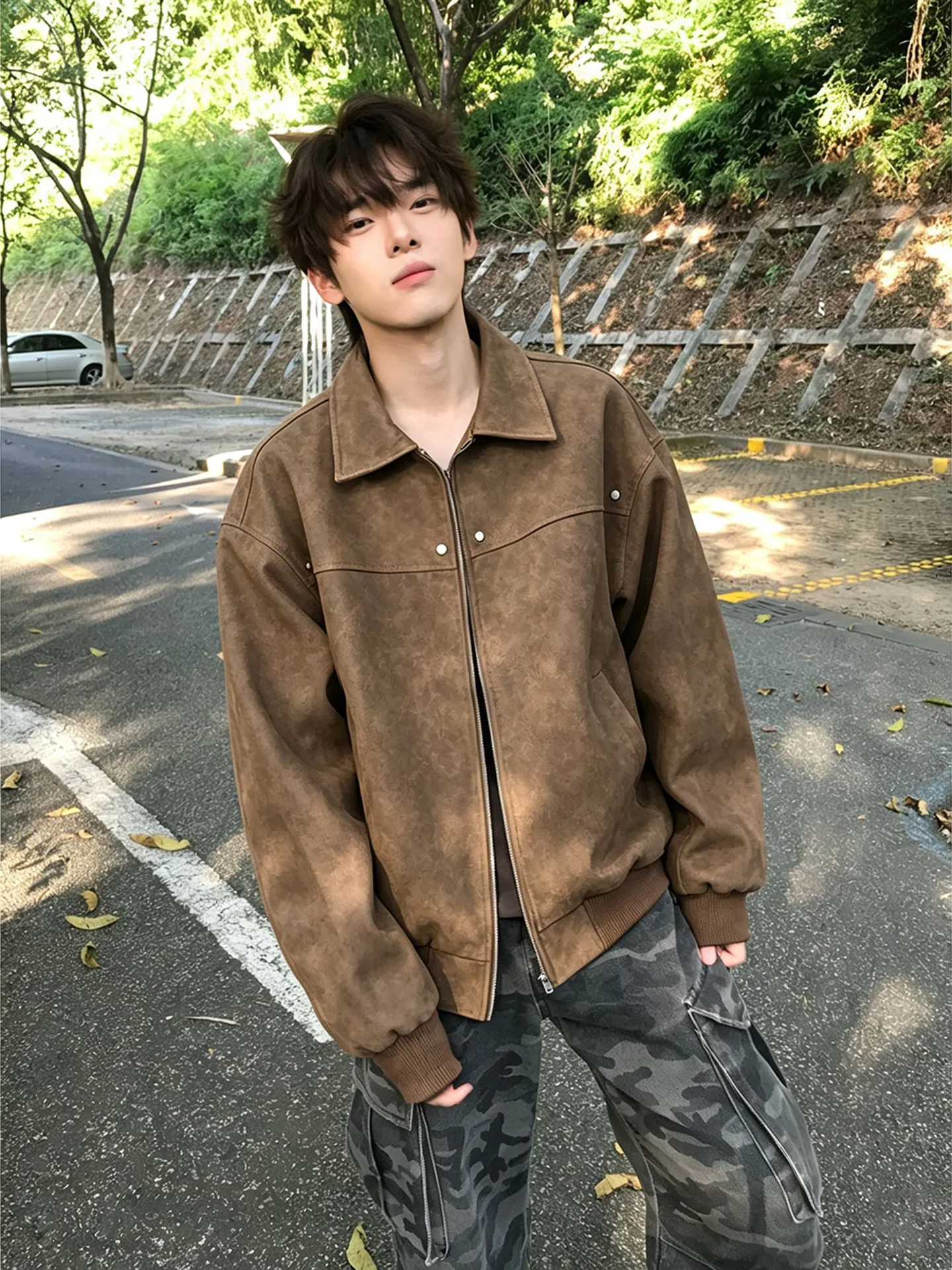 American Style PU Suede Jacket Men's Short Fashionable Cleanfit Flight Outerwear Motorcycle Leather Youth Casual Autumn Coat