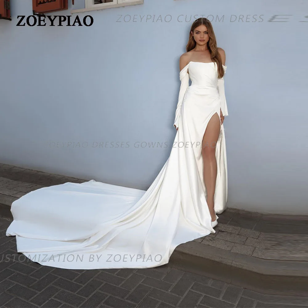 

Modern Detachable Train Wedding Dresses 2024 Long Sleeve Satin Bridal Gowns Side Slit A Line Vestido De Noiva Casamento Custom