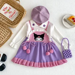 Sanrio Girls Dress Pleated Skirt Set Hello Kitty My Melody Kuromi Cartoon Round Neck Versatile Cute Knitted Dress Holiday Gift