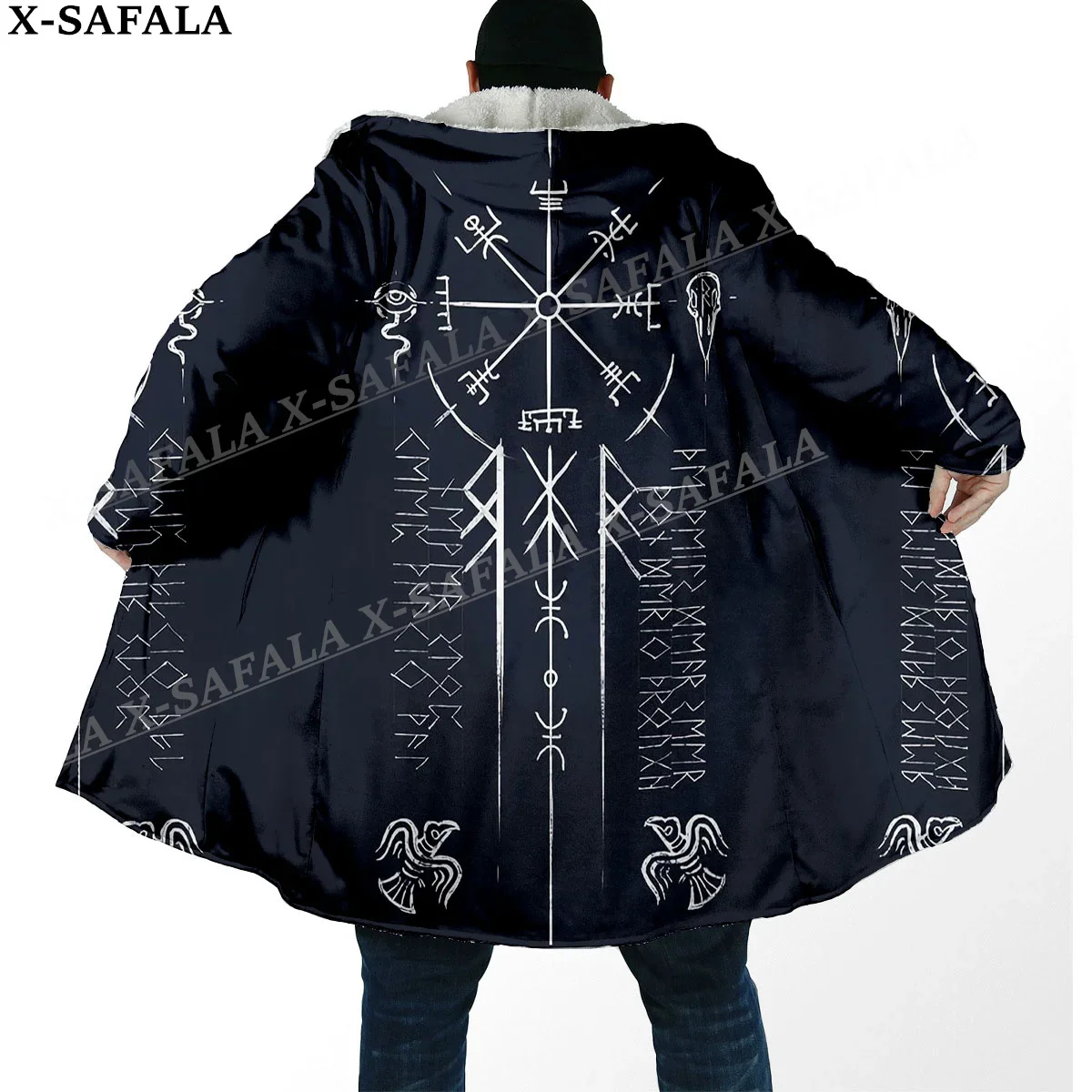 Symbol Tattoo Viking Totem Arts Thick Warm Hooded Cloak Men Overcoat Coat Windproof Fleece Cape Robe Hooded Blanket-5